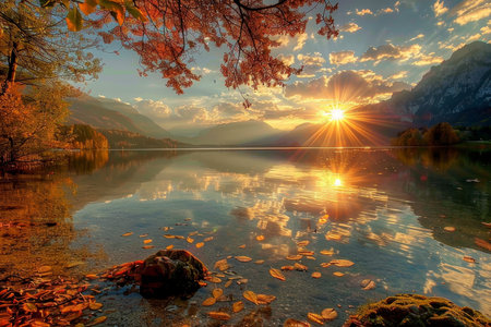 Spectacular autumn sunset reflection at hintersee lake on a beautiful and sunny dayの写真素材