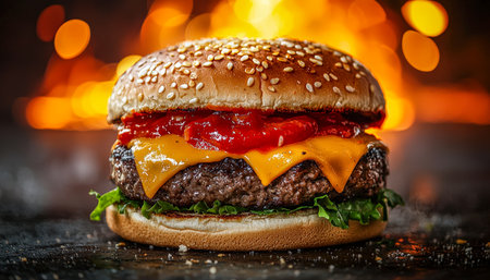 A savory sandwich featuring a melted cheese layer, crisp greens, and tangy ketchup nestled in a toasted sesame seed bun, perfect for appetizing menus.の写真素材