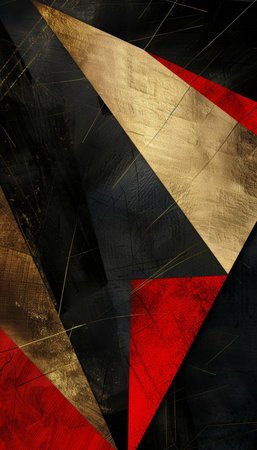 Abstract geometric presentation in gold, red, and black colors - modern artistic design for saleの写真素材