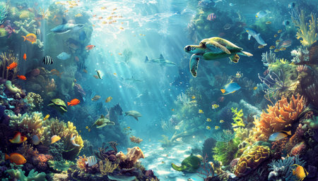 Colorful underwater scene with turtle and diverse marine life in the deep ocean habitatの写真素材