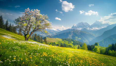 Idyllic mountain landscape in the alps on a sunny spring day with blooming meadowsの写真素材