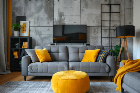 Modern loft living room interior design with gray sofa, yellow accents, and vibrant yellow poufの写真素材