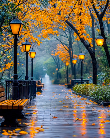 A tranquil wooded trail lined with antique lamps, scattered amber foliage, and a hazy atmosphere creating a nostalgic fall mood.の写真素材