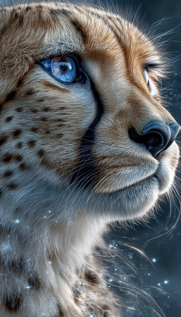 A detailed portrait captures a confident cheetah's striking gaze, highlighting intricate fur patterns and sleek feline features in natural light.の写真素材