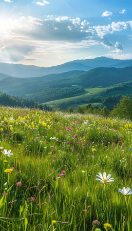 Idyllic mountain landscape with fresh green meadows and blooming wildflowers on sunny dayの写真素材