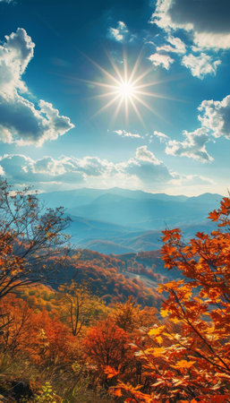 High quality photo of sunny day panorama mountain autumn landscape in stunning autumn colorsの写真素材