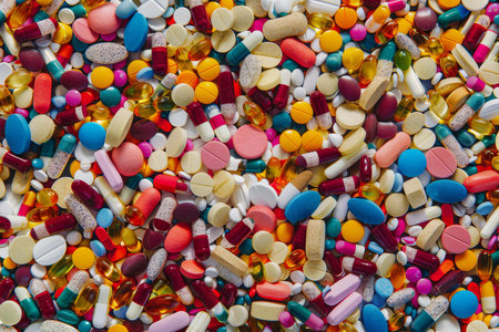 Vivid macro view of assorted colorful medical pills and capsules for pharmaceutical background