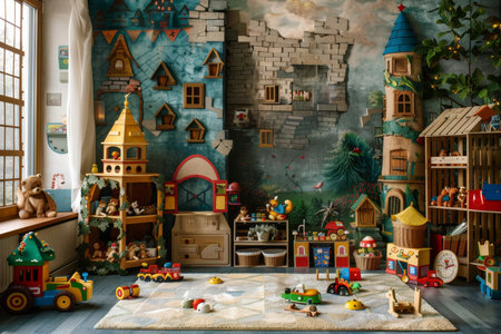 Classic toy-filled childrens playroom-perfect backdrop for studio photoshoots with kidsの写真素材