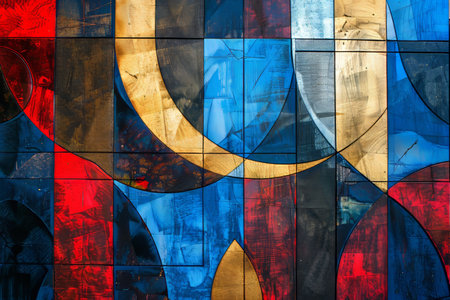Blue red gold geometric elegant and modern abstract artwork with intricate shapes and patternsの写真素材