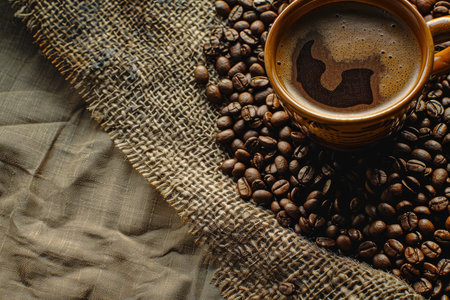 High-quality image of coffee beans and cup arrangement, perfect for background or adsの写真素材