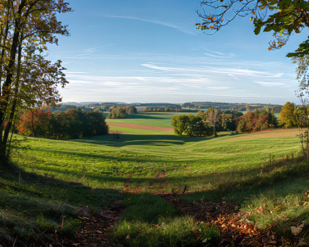Enchanting autumn landscape. sunny panorama of rural idyll, beautiful scenery in fall seasonの写真素材