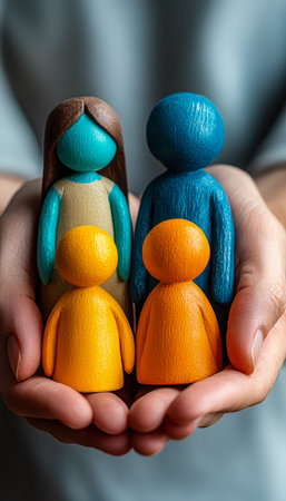 A hand gently presents a vibrant set of wooden figurines depicting members of various ages and backgrounds, symbolizing harmony and family bonds.の写真素材