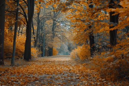 Tranquil autumnal park scene, beautiful fall nature setting in serene autumnal park atmosphereの写真素材