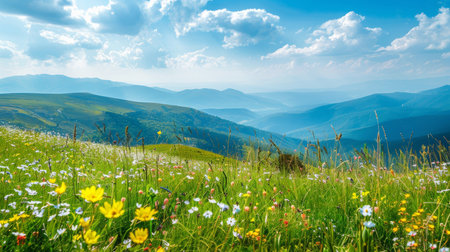 Idyllic mountain landscape with fresh green meadows and wildflowers in spring and summerの写真素材