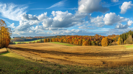 Enchanting autumn landscape. sunny panorama of rural idyll with golden leaves and clear blue skyの写真素材