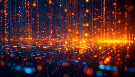 Dynamic network of luminous orange and blue points connects in a futuristic digital matrix, evoking high-tech innovation and data-driven insights.の写真素材