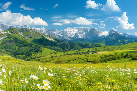 Idyllic mountain landscape with green meadows and wildflowersの写真素材