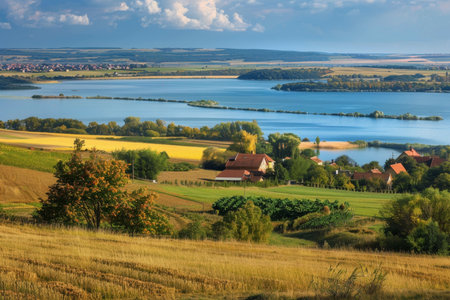 Beautiful scenic classic European farmlands with yellow fields and blue lake landscapeの写真素材