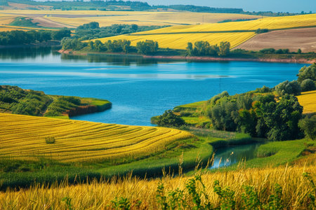 Scenic view of classic European farmlands with yellow fields and blue lake landscapeの写真素材