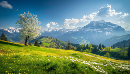 Idyllic mountain landscape in the alps on a sunny spring day with blooming meadowsの写真素材