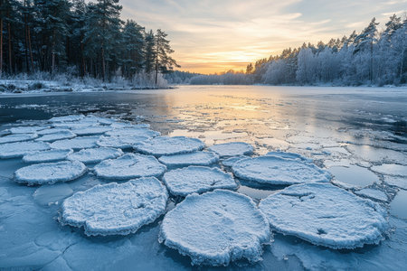 A tranquil winter scene featuring a icy river adorned with snow-capped ice formations, bathed in the warm glow of a setting sun over frosted forest trの写真素材