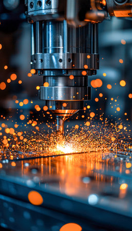 Precision robotic arm emitting fiery sparks amid a glowing orange arc, showcasing advanced manufacturing and high-temperature welding in a modern factの写真素材