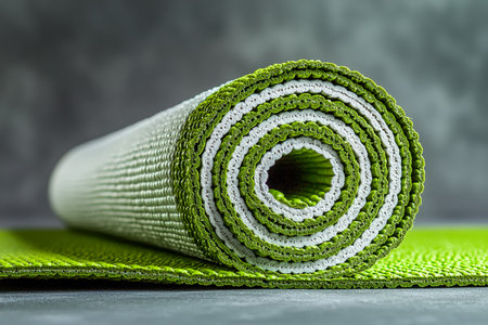 Vibrant green and crisp white mats, neatly coiled on a neutral gray background, evoking calmness and readiness for a mindful workout session.の写真素材