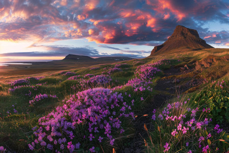 High-quality iceland spring panorama at sunset with iconic kirkjufell mountain viewの写真素材