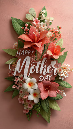 Colorful bouquet with vibrant blooms, a cheerful "Happy Mother's Day" message, set against a soft pink backdrop exuding warmth and celebration.の写真素材
