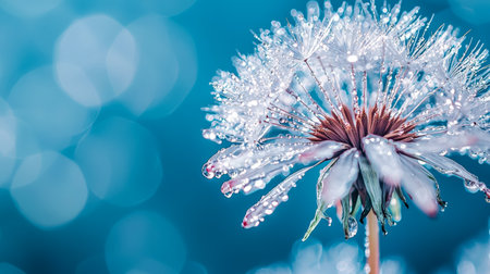 A detailed view highlighting shimmering water beads on a delicate dandelion?s fluffy seed head, set against a tranquil, soft-focus blue backdrop.の写真素材