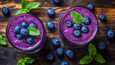 Refreshing purple-hued drinks with fresh mint sprigs sit on rustic wood, perfect for summer gatherings or health-conscious mornings.の写真素材