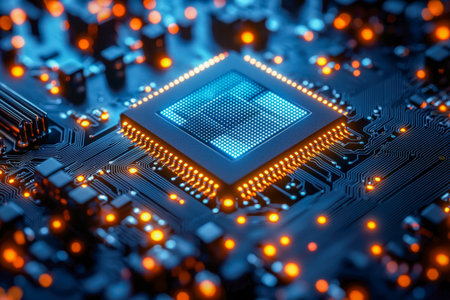 An intricate microchip embedded in a vibrant circuit, illuminated by shimmering LEDs, capturing high-tech innovation and precision engineering.の写真素材