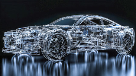 A cutting-edge, see-through electric supercar with aerodynamic curves, glowing accents, and a dynamic stance, embodying innovation and speed.の写真素材