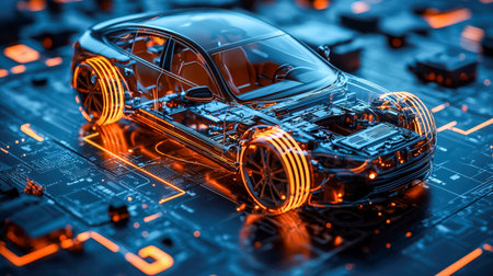 A sleek, high-tech autonomous vehicle featuring luminous circuit patterns and glowing wheels, set against a vibrant digital electronic backdrop.の写真素材