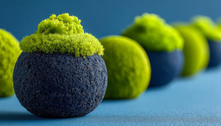 Lush green moss spheres with intricate textures artfully clustered against a vivid blue backdrop, blending natural organic form with bold color contraの写真素材