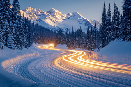 A glowing mountain pathway snakes through frosty woods, leading past majestic snow-topped summits under a fading dusky sky, evoking tranquility and adの写真素材