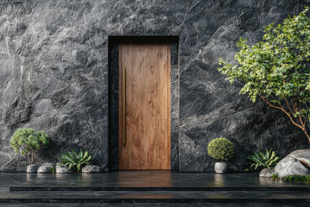 A sleek entrance wooden blends contemporary craftsmanship with rugged stone architecture, enhanced by neatly arranged greenery in stylish containers.の写真素材