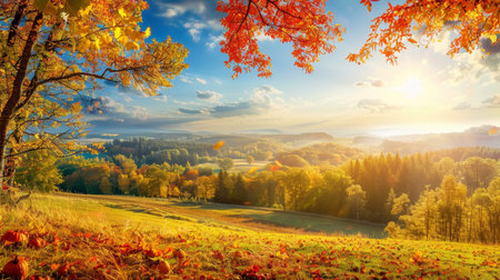 Enchanting autumn landscape. sunny panoramic view of charming rural idyll during fall seasonの写真素材