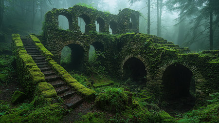 Ancient stone remnants enshrouded in mist, featuring mossy arches and weathered steps amid a dense, fog-filled woodland.の写真素材