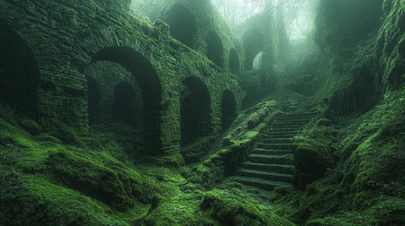 Crumbling stone archways and stairs nestled in lush, fog-shrouded forest evoke mysterious history and timeless solitude amid vibrant green surroundingの写真素材