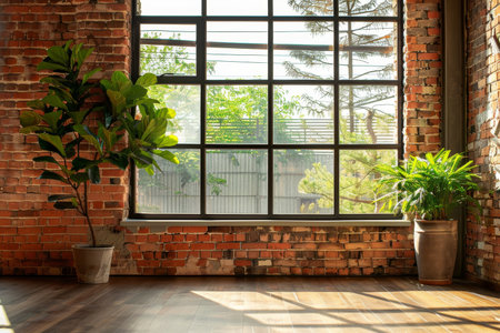 Modern loft style interior with big window, brick wall, and green plant decorationの写真素材