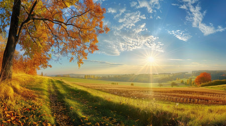 Enchanting autumn landscape. sunny panorama of rural idyll in high-quality imageの写真素材