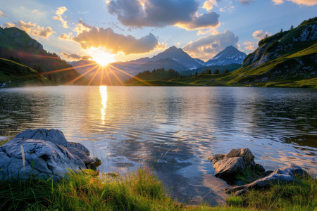 Sunny day sunset at zittauerhuette, gerlossee, captivating scenery in salzburg, austriaの写真素材