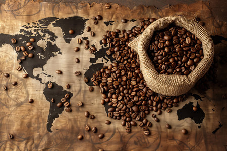 Explore global coffee culture. world map depicting diverse coffee bean varietiesの写真素材