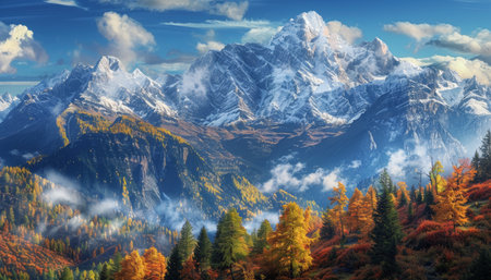 Stunning sunny day panorama mountain autumn landscape high quality photoの写真素材