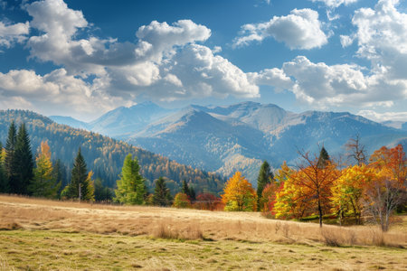 Sunny day panorama mountain autumn landscape with colorful fall trees in scenic viewの写真素材