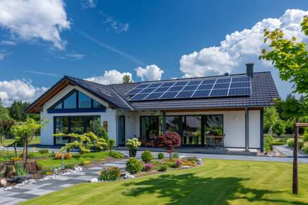 New eco-friendly suburban house with photovoltaic system, landscaped yard, and modern passive designの写真素材