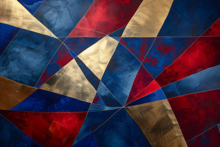 Elegant and modern geometric abstract art in blue, red, and gold color palette for saleの写真素材