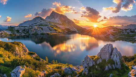 Sunny day sunset at mountain lake zittauerhuette refuge in salzburg, austria, europeの写真素材