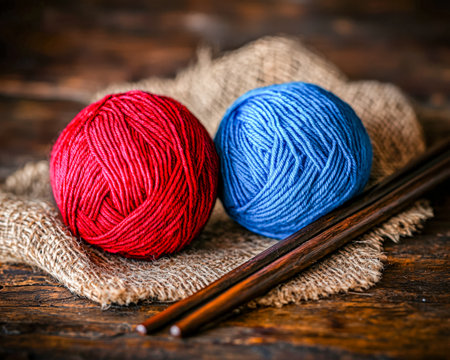 Colorful red and blue yarn balls with knitting needles resting on a weathered wooden table, evoking craft charm and cozy creativity.の写真素材